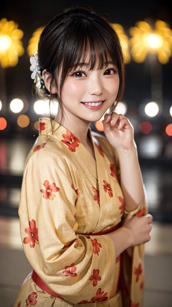 Wide shot of beautiful woman in yukata on mysterious fireworks display background: 1.5, unity 8k , highly accurate: 1.1。As a stylish snapshot、Beautiful woman smiling、Beautuful Women: 1.3、wide Shots: 1.2、Fireworks Display: 1.1、hposing Gravure Idol、Photograph the whole body、Japan girl wearing yukata、looking at the viewers、Pose with a smile(top-quality、​masterpiece)))、hight resolution、ighly detailed、​masterpiece、Movie Lighting、(8K、top-quality、​masterpiece:1.2)、(realisitic、Photorealsitic:1.37) Hi-Res、The ultra-detailed、1girl in 、asian human, cute little, cute  face, solo, Short hair 1.2, Textured skin, beautiful smiling face, Beautiful detailed sky, Movie Lighting, depth of fields, Lens flare light、Dating、(blush nose)、(A smile:1.15)、(Mouth closed)tiny chest、beautiful finely detailed eyes、Floating hair Nova frog style