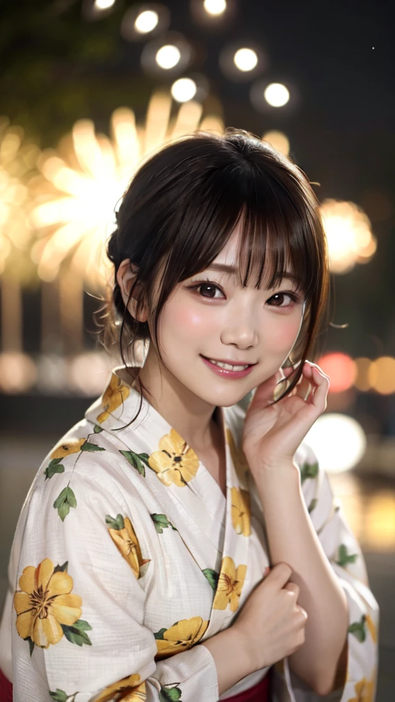 Wide shot of beautiful woman in yukata on mysterious fireworks display background: 1.5, unity 8k , highly accurate: 1.1。As a stylish snapshot、Beautiful woman smiling、Beautuful Women: 1.3、wide Shots: 1.2、Fireworks Display: 1.1、hposing Gravure Idol、Photograph the whole body、Japan girl wearing yukata、looking at the viewers、Pose with a smile(top-quality、​masterpiece)))、hight resolution、ighly detailed、​masterpiece、Movie Lighting、(8K、top-quality、​masterpiece:1.2)、(realisitic、Photorealsitic:1.37) Hi-Res、The ultra-detailed、1girl in 、asian human, cute little, cute  face, solo, Short hair 1.2, Textured skin, beautiful smiling face, Beautiful detailed sky, Movie Lighting, depth of fields, Lens flare light、Dating、(blush nose)、(A smile:1.15)、(Mouth closed)tiny chest、beautiful finely detailed eyes、Floating hair Nova frog style