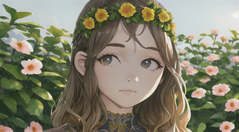 a beautiful young girl, cute nose, long wavy hair, flower crown, looking at camera, outdoor garden with flowers, sunlight, natural lighting, detailed skin, photorealistic, , high quality, masterpiece, cinematic, fantasy, soft colors, warm tones