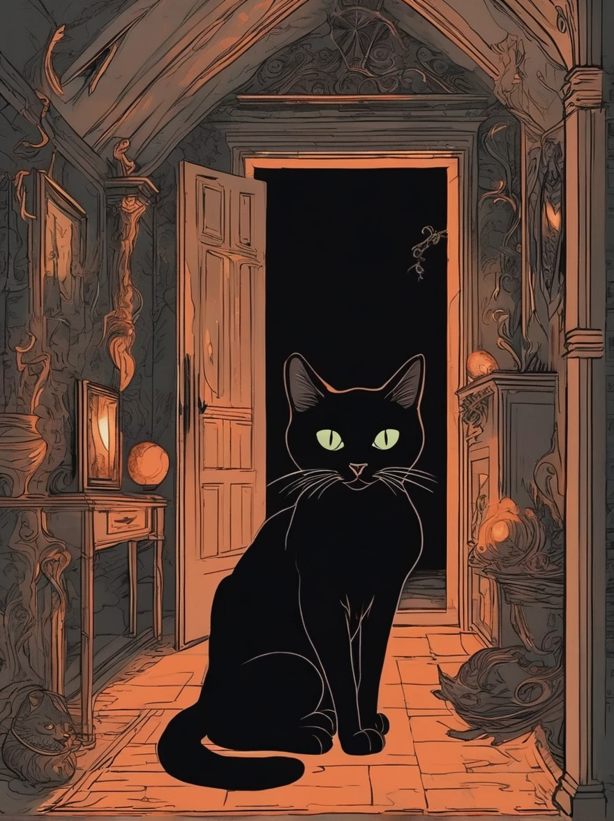 In an ancient manor, the spirit of a
black cat wanders through the
halls, its eyes glowing with a
supernatural light. It is said to be
the familiar of a witch who once
lived there, and it watches over
the house, cursing those who
bring harm to its domain.