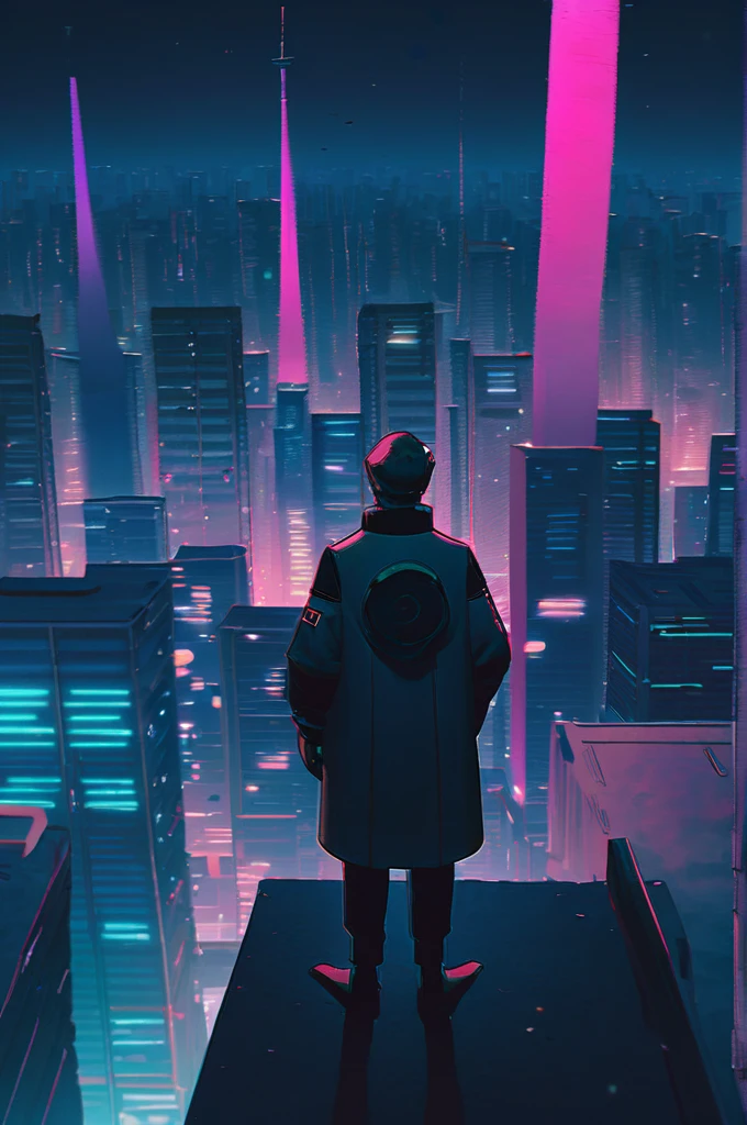 ((Лучшее качество)), ((шедевр)), (подробный), the guy stands on the roof of a skyscraper with his back to the observer and looks at the night city in the style of cyberpunk.