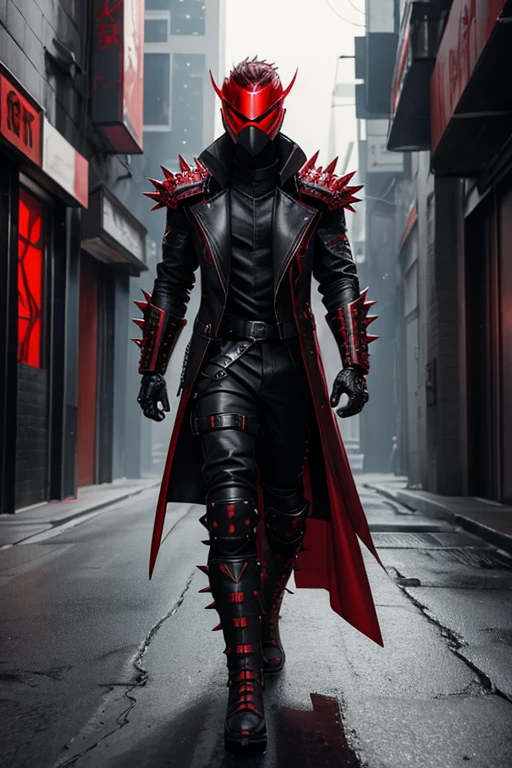 a male cyberpunk character, red spiked helmet, black coat, red armored vest, ninja mask on mouth, leather pants, red steel boots, serious pose, hyperrealistic, 8k, high quality, extremely detailed, photorealistic, professional, cinematic lighting, dramatic shadows