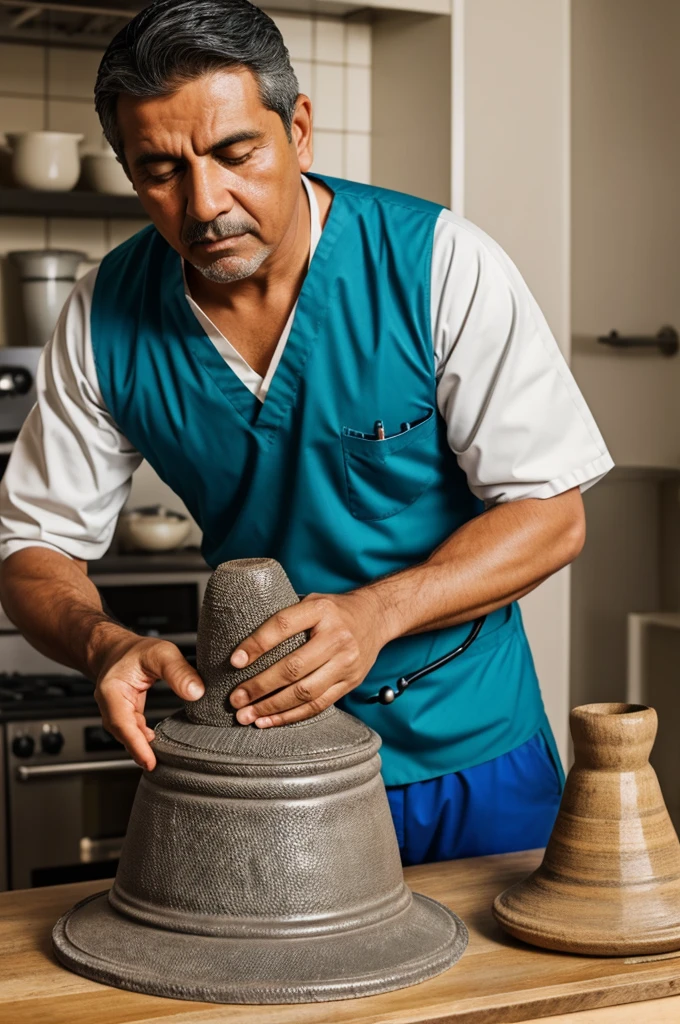 Male doctor curing sick molcajete