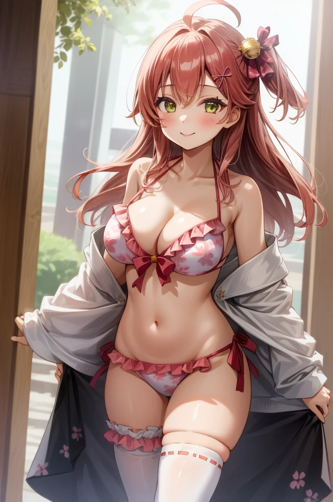 
1girl,   SakuraMiko, long hair, ahoge, one side up, hair bell, MikoBase, long hair, ahoge, one side up, hair bell, cherry blossom print, nontraditional miko, frills, single thighhigh, bridal garter, MikoSummer, long hair, ahoge, one side up, hair flower, pink bikini, floral print, frilled bikini,looking viewer,smile,big breasts