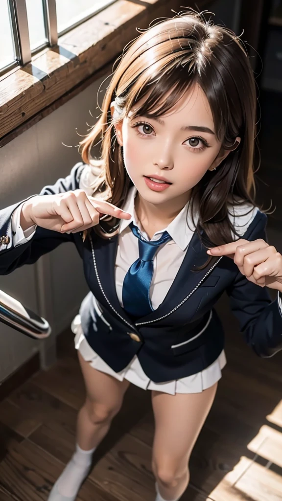 1 girl, large body, High school student, suit, dark blue suit jacket, White shirt, (red tie with bow), grey pleated skirt, Miniskirt, Bare legs, White socks, Brown shoes, light grey hair, hazel eyes, medium length hair, bangs, Ahoge, lovely, detailled eyes, lovelys, detailed face, cute face, medium breasts, perfect hands, complete fingers, perfect anatomy, proporções perfeitas, Age 18, alone, alone focus, Stand, raised arms, demure, open mouth, Viewers look at, space background, floating, Body penetrated with electricity, Ahoge, (((from above))),