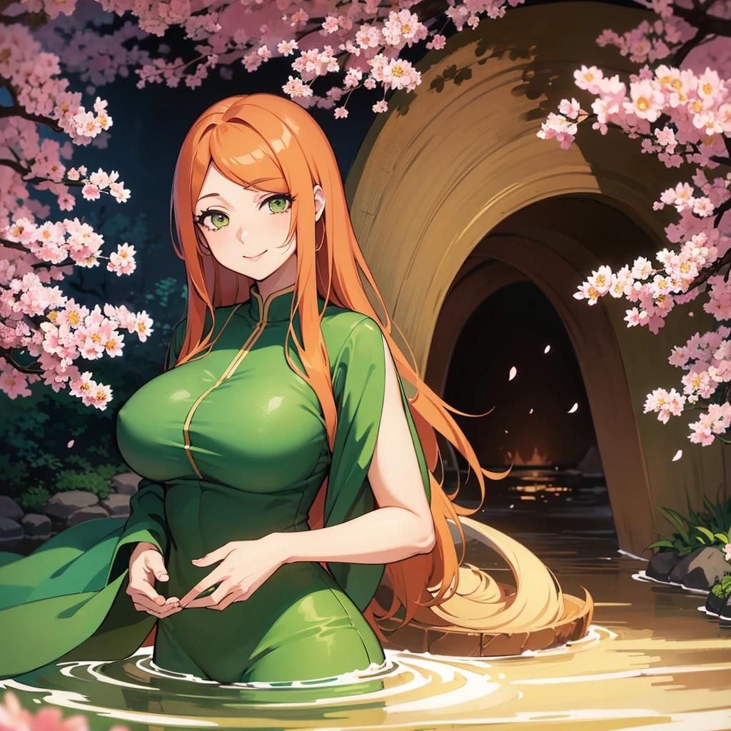 Uzumaki_kushina, Big_old, standing, Alone, kushina_green_dress, Masterpiece, Best Quality, detailed face, detailed eyes, high resolution, SMILE, happy, cherry blossoms, onsen, realistic giant , point of view,