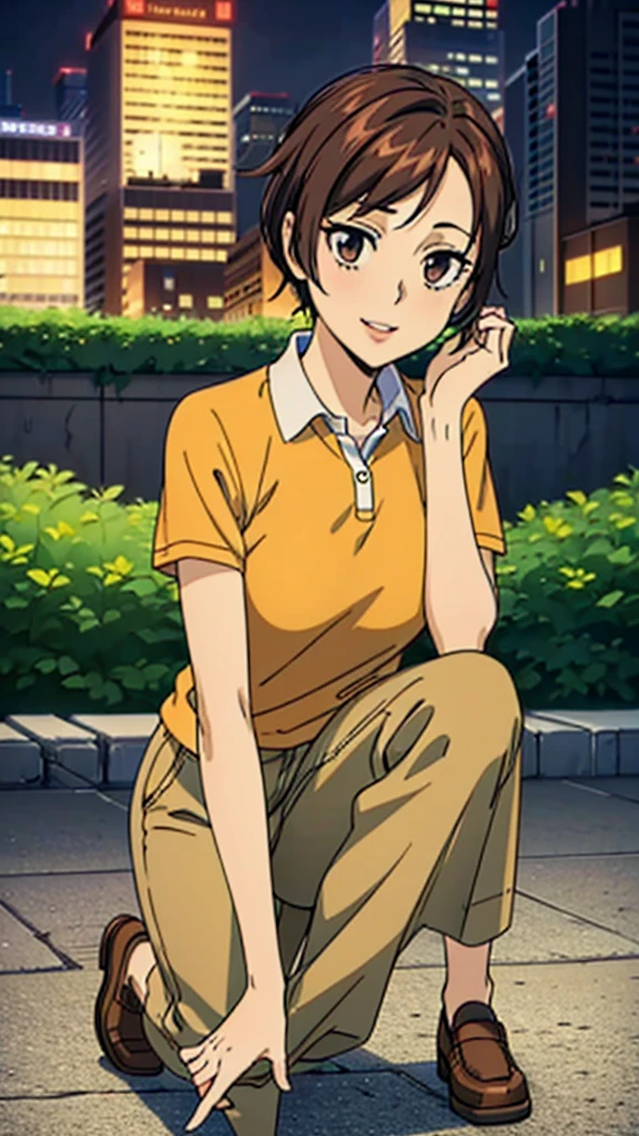 A girl with beautiful detailed eyes, beautiful detailed lips, extremely detailed eyes and face, long eyelashes, wearing an orange polo shirt, yellow pants, brown shoes, smiling, with bangs and brown hair, holding a hair clip, in a city background, (masterpiece, best quality:1.2), (City:1.3), photorealistic, 8k, HDR, studio lighting, ultra-fine painting, sharp focus, physically-based rendering, extreme detail description, professional, vivid colors, bokeh