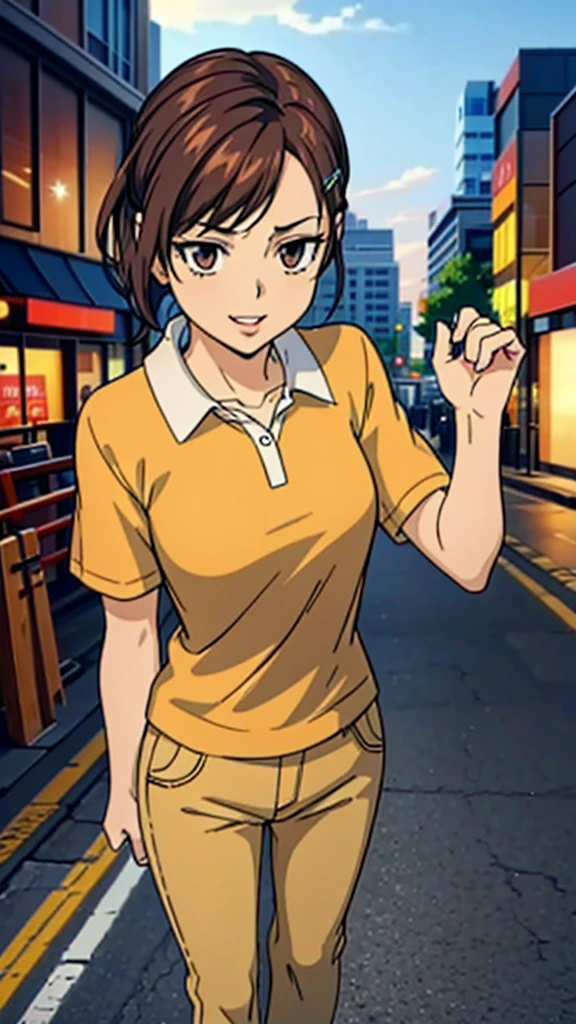 A girl with beautiful detailed eyes, beautiful detailed lips, extremely detailed eyes and face, long eyelashes, wearing an orange polo shirt, yellow pants, brown shoes, smiling, with bangs and brown hair, holding a hair clip, in a city background, (masterpiece, best quality:1.2), (City:1.3), photorealistic, 8k, HDR, studio lighting, ultra-fine painting, sharp focus, physically-based rendering, extreme detail description, professional, vivid colors, bokeh