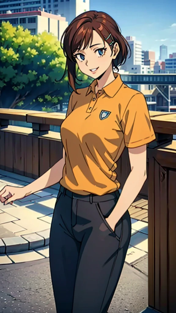 A girl with beautiful detailed eyes, beautiful detailed lips, extremely detailed eyes and face, long eyelashes, wearing an orange polo shirt, yellow pants, brown shoes, smiling, with bangs and brown hair, holding a hair clip, in a city background, (masterpiece, best quality:1.2), (City:1.3), photorealistic, 8k, HDR, studio lighting, ultra-fine painting, sharp focus, physically-based rendering, extreme detail description, professional, vivid colors, bokeh