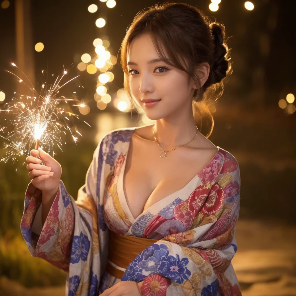 (“solo” Detailed and realistic portrait of a beautiful young Asian woman。She has long light brown hair and big light brown eyes. )((full breasts , tomboy girls, small head)), daylight, sunlight, (chiseled abs : 1.1), (perfect body : 1.1), auburn hair, collar, chain, full body shot, , Top quality, 1 beautiful woman, long Hair, brown hair, A beautiful woman with her hair up, wearing a vibrant yukata, holds a sparkler in her hand under the night sky. The light from the sparkler softly illuminates her face, highlighting her charming smile. The background exudes the quiet ambiance of a summer night, with distant fireworks audible in the distance.