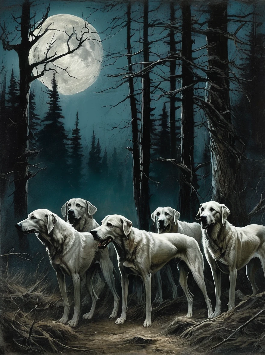 Near the edge of a haunted
forest, a pack of ghostly hounds
roams under the light of the full
moon. Their howls send chills
down the spine of all who hear
them, and legend has it that they
serve as guardians of the
threshold between the living
world and the realm of the dead.
