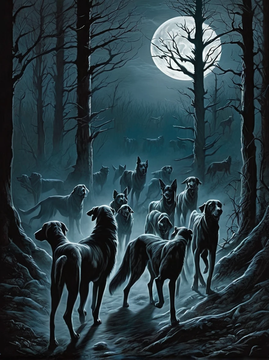 Near the edge of a haunted
forest, a pack of ghostly hounds
roams under the light of the full
moon. Their howls send chills
down the spine of all who hear
them, and legend has it that they
serve as guardians of the
threshold between the living
world and the realm of the dead.
