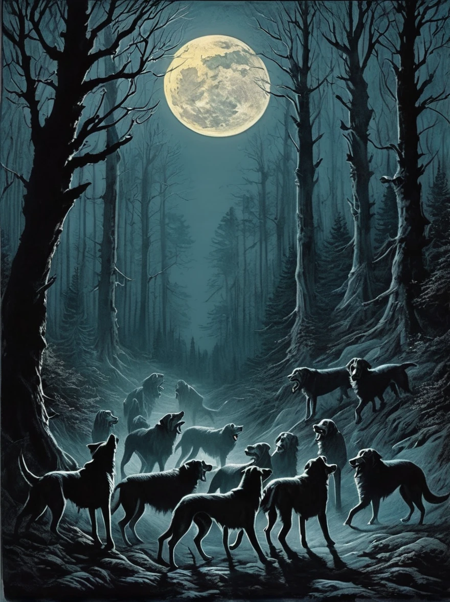 Near the edge of a haunted
forest, a pack of ghostly hounds
roams under the light of the full
moon. Their howls send chills
down the spine of all who hear
them, and legend has it that they
serve as guardians of the
threshold between the living
world and the realm of the dead.