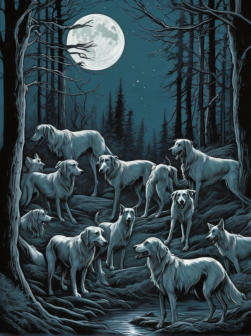 Near the edge of a haunted
forest, a pack of ghostly hounds
roams under the light of the full
moon. Their howls send chills
down the spine of all who hear
them, and legend has it that they
serve as guardians of the
threshold between the living
world and the realm of the dead.