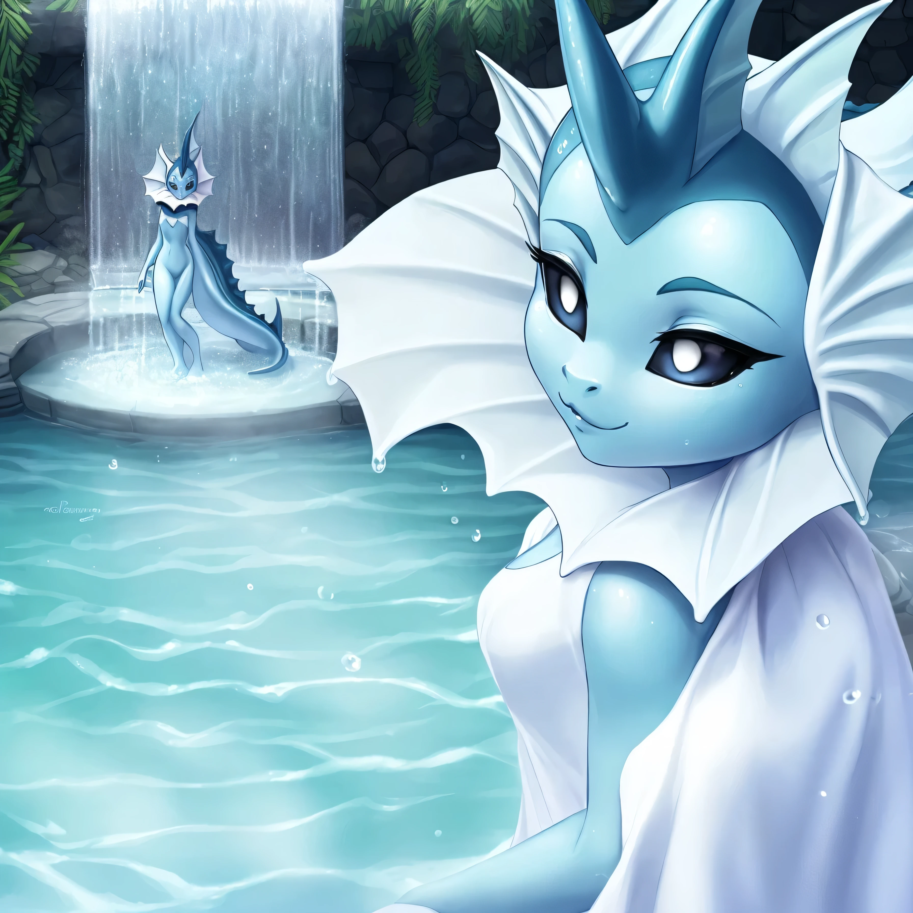 In an exquisite and meticulously detailed medium close-up shot, a score of 9, the Anthro furry Vaporeon girl, with her distinctive black sclera and brilliant white eyes, is depicted in solitude. She stands tall and slender, her body exhibiting the perfection of a Vaporeon's form. The image captures her vulnerability as she is naked, wrapped only in a plush white towel, revealing her 4 toes with their black paw pads. She is positioned by a fountain, the droplets creating a soothing ambiance. The water reflects off her skin, highlighting her smiling face. The fur around her neck is wet, cascading