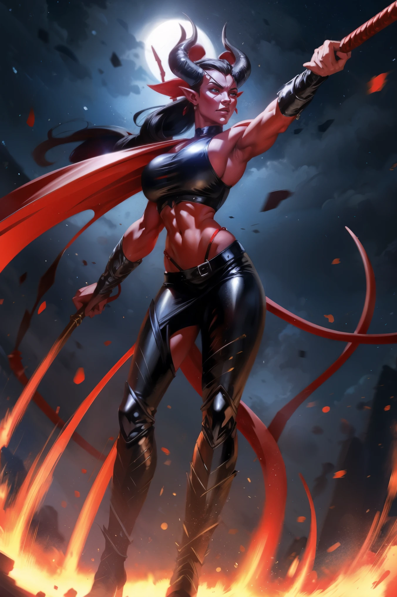 Red skin succubus tiefling, medium breasts, black horns, wings, huge tail, black leather, crop top, long flowing pelvic curtain, tall, toned, graceful, thin, long black ponytail. Action scene, whip. Dark scene, explosions, night sky.