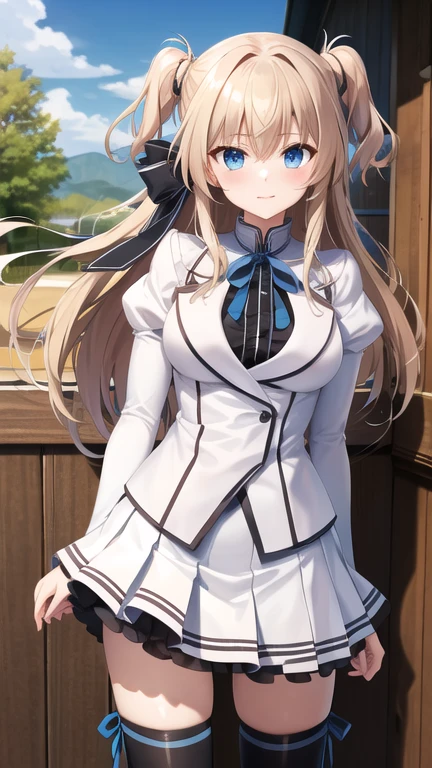 masterpiece, best quality, highres, 1girl, solo, long hair, blonde hair, two side up, (hair ribbon:1.1), blue eyes, neck ribbon, , white jacket, juliet sleeves, long sleeves, white skirt, thigh ribbon, black thighhighs, outdoors, cowboy shot, standing,