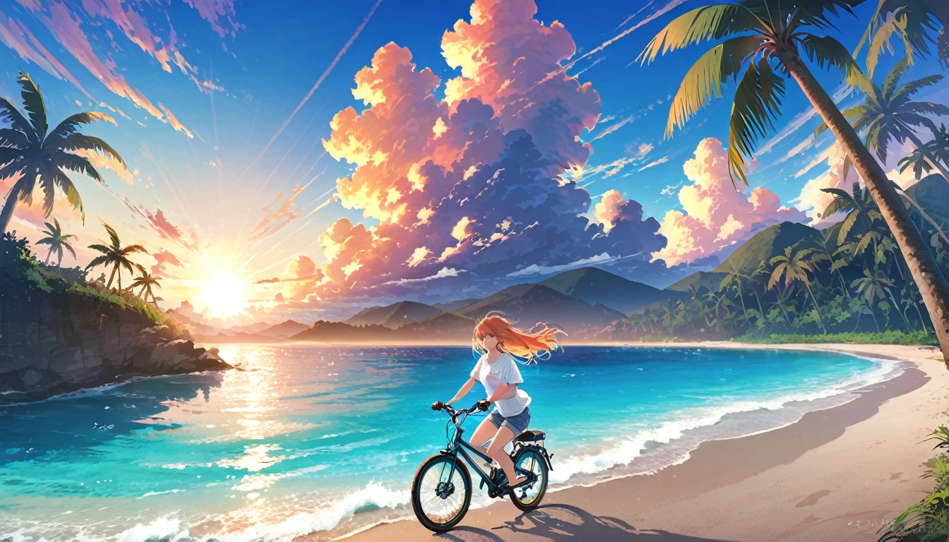 A woman riding a cruiser bicycle on a paved road next to a Hawaiian beach in the morning, wearing an oversized white T-shirt and denim shorts, expansive ocean view and blue sky in the background, tropical island scenery with palm trees, cool morning light with blue tones, crisp and refreshing atmosphere, summer vacation mood, action shot, side view, wide angle to emphasize the ocean backdrop