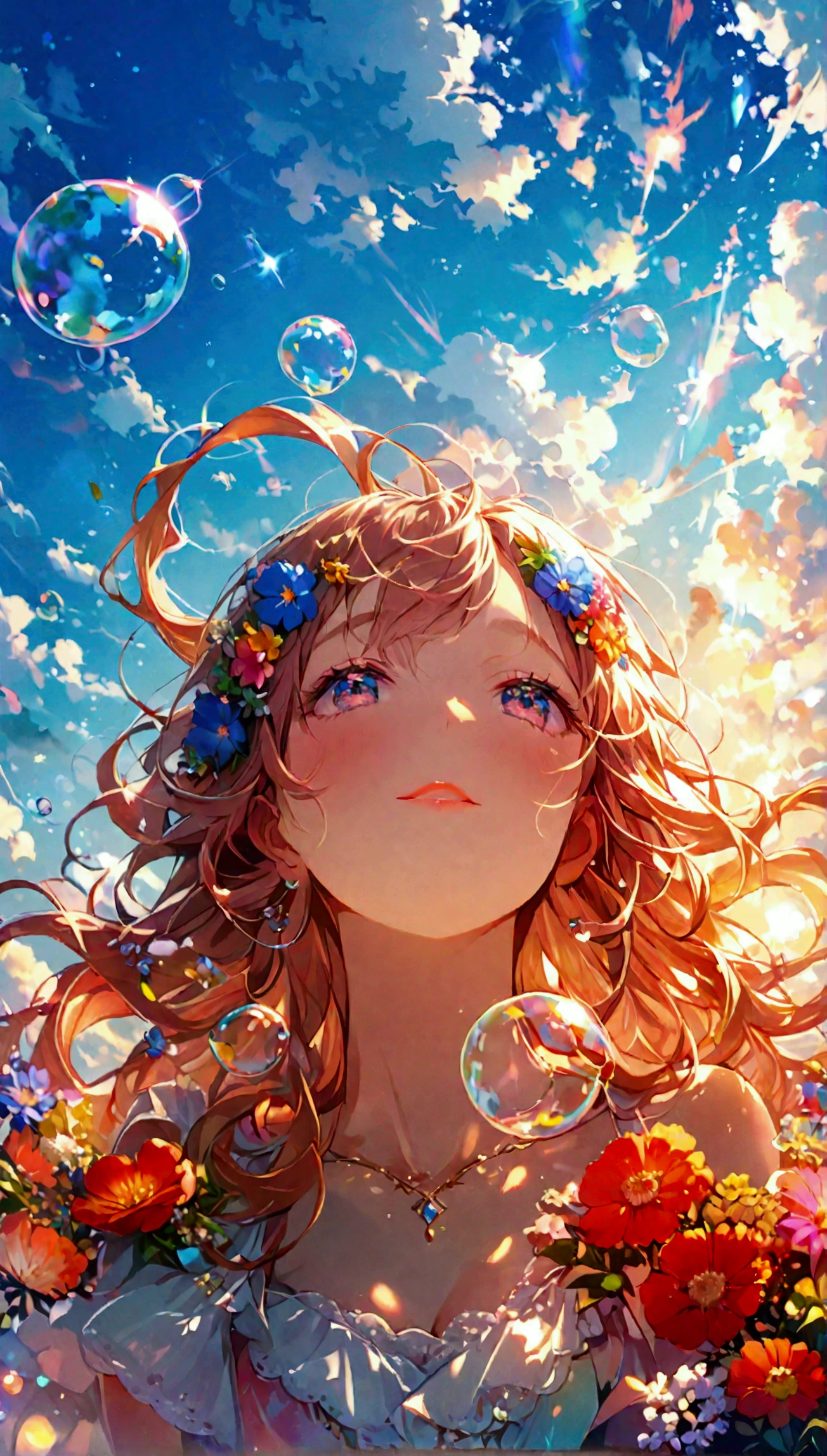 JK,Flowing Hair,Beautiful sky, Beautiful Clouds, summer,Colorful flowers, (Transparent bubbles sparkle in the sky), masterpiece,High resolution,Wide-angle lens
