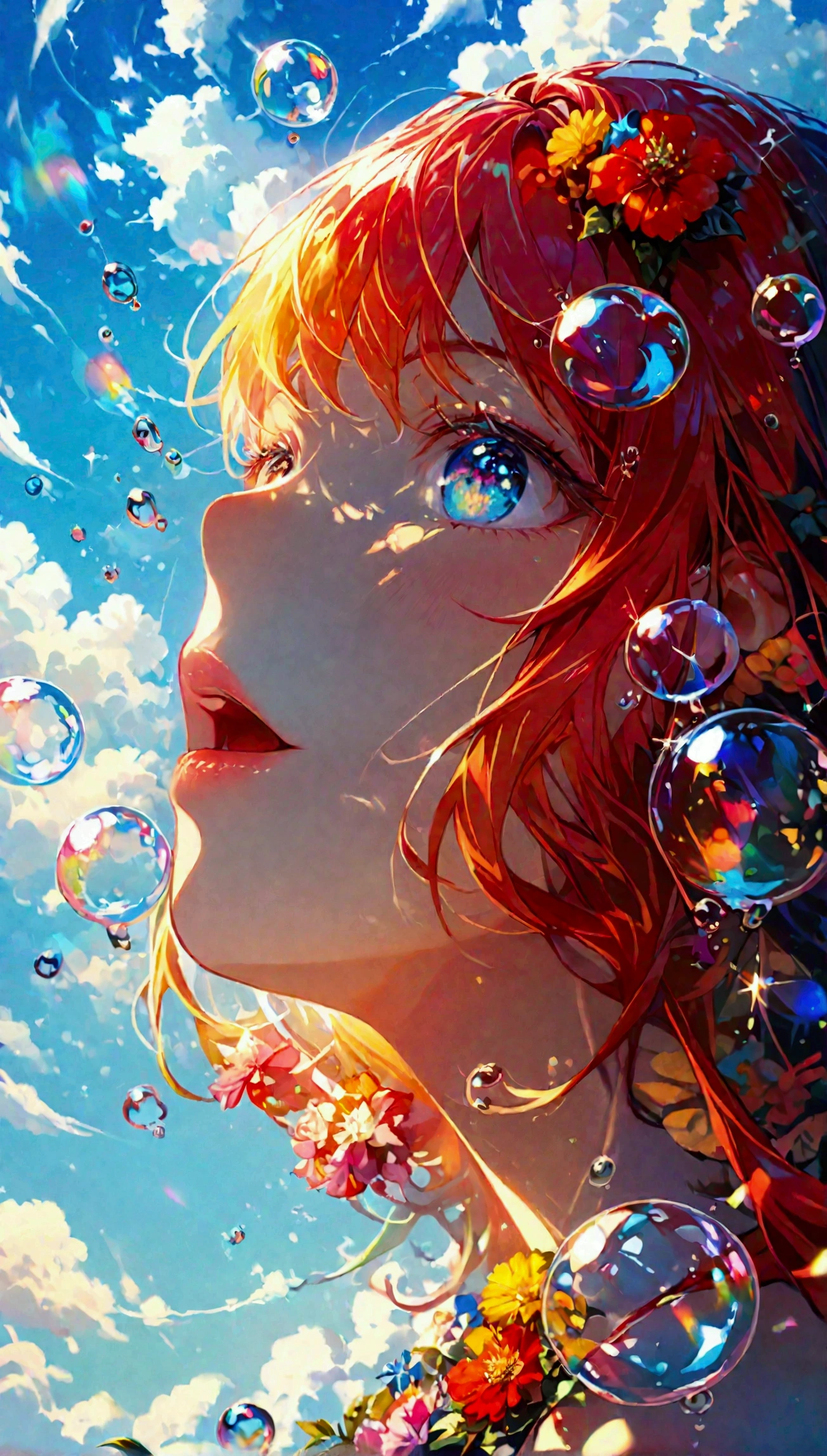 JK,Flowing Hair,Beautiful sky, Beautiful Clouds, summer,Colorful flowers, (Transparent bubbles sparkle in the sky), masterpiece,High resolution,Wide-angle lens