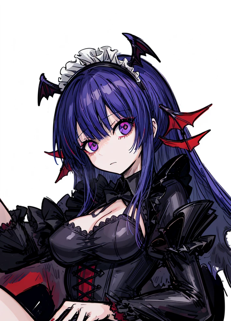 1girl, red-purple eyes, galactic blue hair, succubus, maid, bat wings, beautiful clothes , (high resolution, high detail, best quality) , medium breasts, sexy