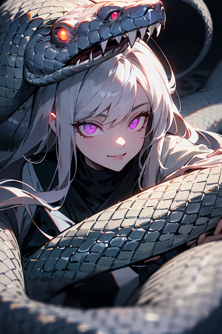 ((best quality)), ((masterpiece)), (detailed), Female, long hair, glowing eyes, purple eyes, snake eyes, snake imagery, black and white clothes, smilling maliciously, Evil