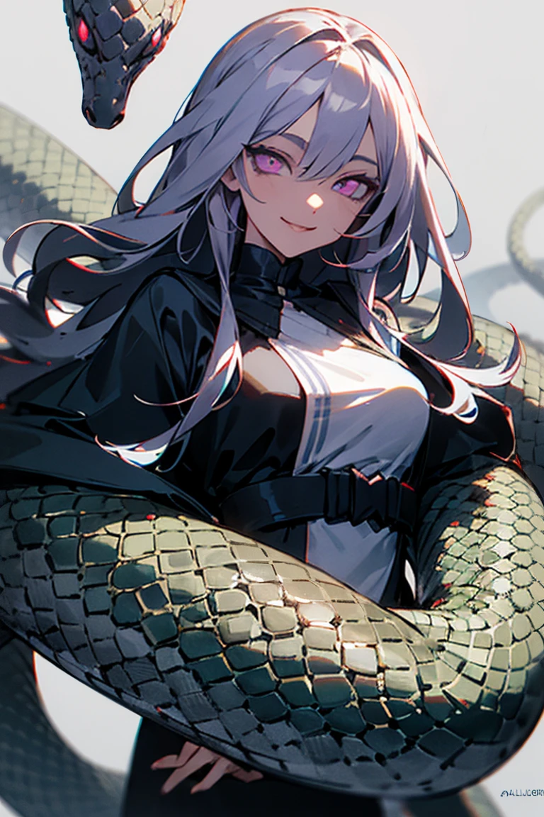 ((best quality)), ((masterpiece)), (detailed), Female, long hair, glowing eyes, purple eyes, snake eyes, snake imagery, black and white clothes, smilling maliciously, Evil