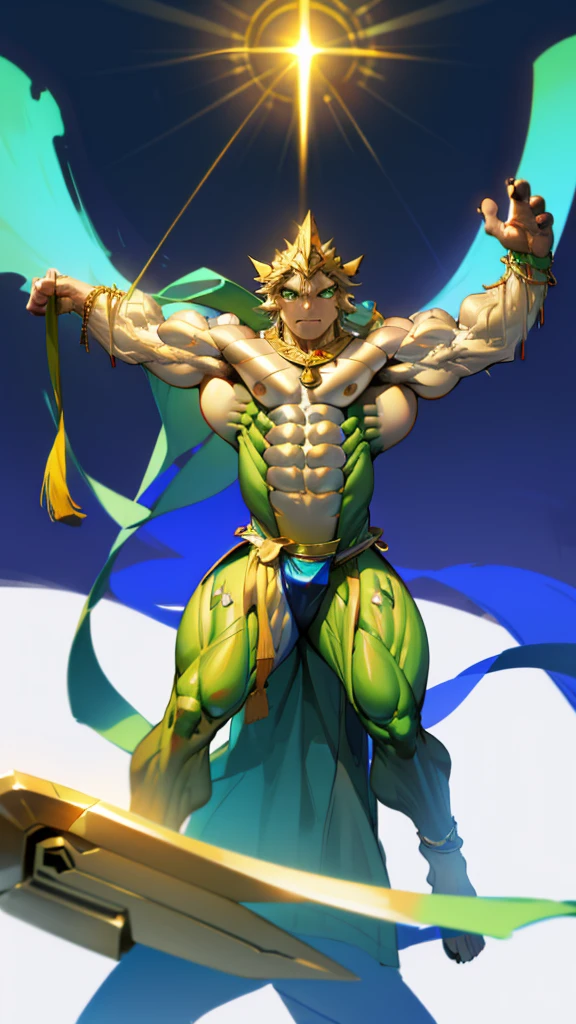 Seth (tas), muscular, abs, navel, nipples, green eyes, thin waist, claws, large bulge at the bottom,  (clothing: white-yellow-blue loincloth),