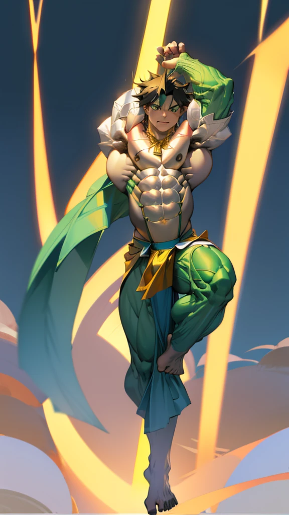 Seth (tas), muscular, abs, navel, nipples, green eyes, thin waist, claws, large bulge at the bottom,  (clothing: white-yellow-blue loincloth),