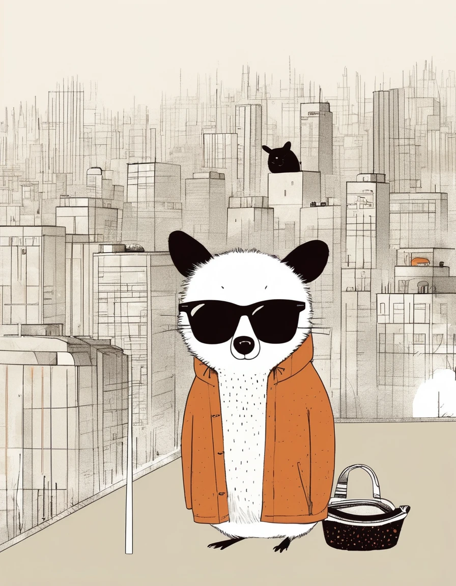 animal-like , sweet,very cute,art by Sophie Roach , art by Jon Klassen , art by Michael Cho , art by Sophie Roach、sunglasses,campimg,smoking,city