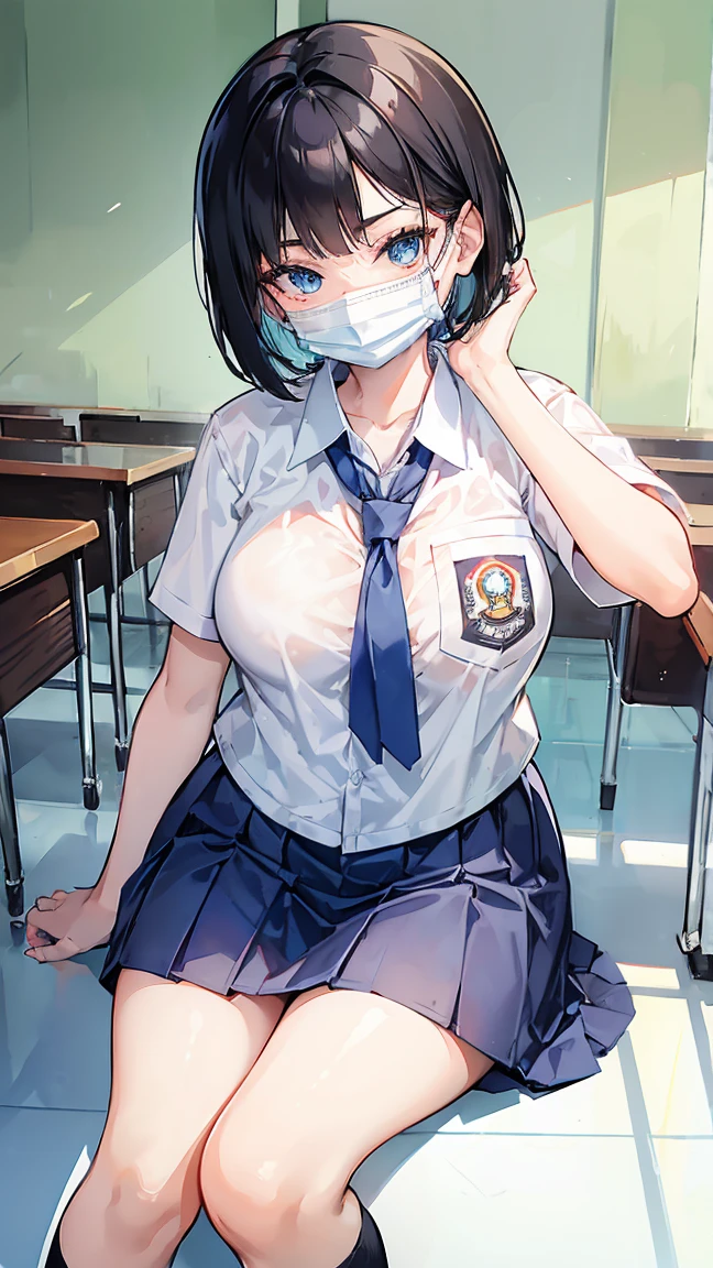 1 woman, , (Short Layered Bob haircut, black hair), scared face expression, plump body, blue eyes, Indonesian high-school uniform, (wearing transparent white shirt, showing bra), osis logo on shirt pocket, huge XL breasts, light-grey pleated skirt, sitting on a chair, seductive pose, full body shot, smiling, in the classroom,  wearing a mask (white surgical mask, surgical mask fit his face:1.2).