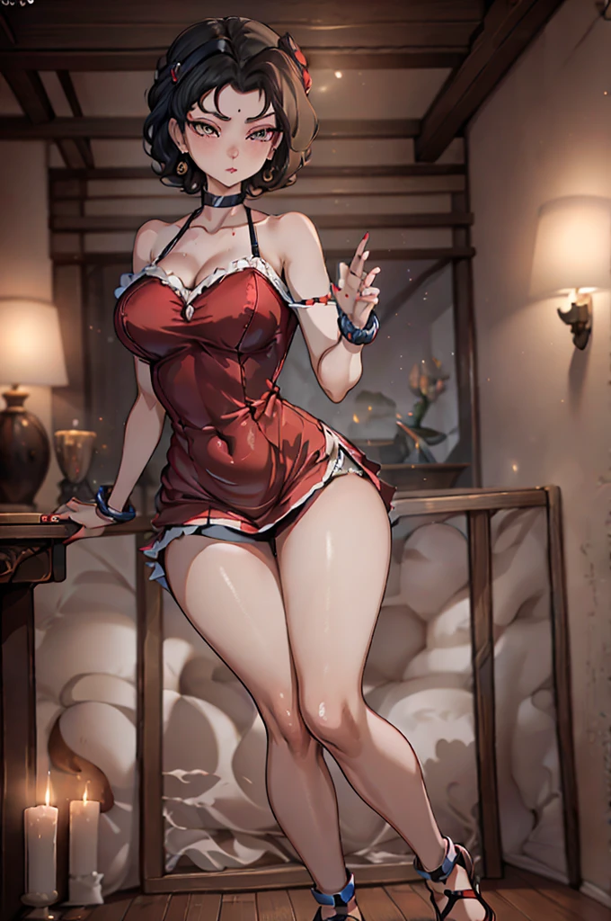 (8K HDR photorealistic pic), Betty Boop, short, althetic, curvy lady, ((tight little red dress)), dark eyebrows, black lipstick, (hoop earrings), dark eyeshadow, black lipstick, curvy, busty, (curly short black hair), shortstack, (retroussé breasts), darling figure, (supple pouting breasts), firm thighs, hourglass figure, kerchief, big brown eyes, dancing seductively