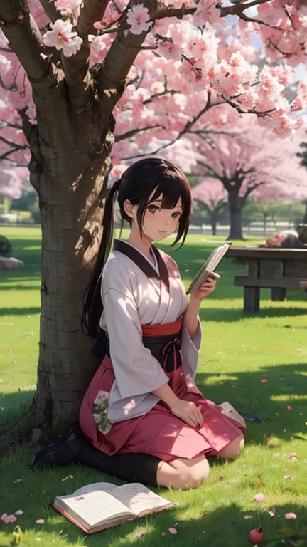 Place the end character in front of the Japanese cherry tree, A book in hand. Style manga, animated