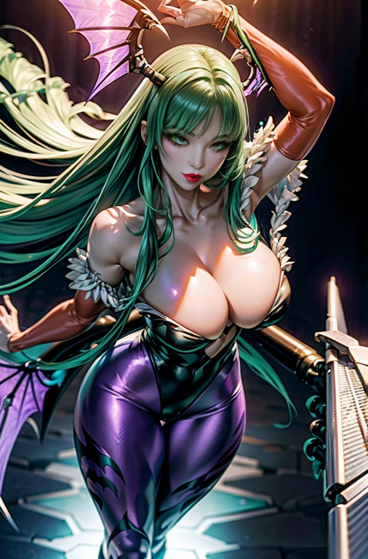 maximum quality、Masterpiece artwork、超High resolution、(Photorealistic:1.4)、1 girl、,ssmile sutil, Bright green long hair、slickedback hair, shiny and clean hair、, black batwing with purple membrane on the back, black bat wing with purple membrane on head, White and glowing skin、sexy girl、((super realistic details))、ombre、octane rendering、ultra-sharp、hyper-detailed face、Fiberglass、Luminous tube、highly intricate detail、Realistic Lumiere、CGSoação Trends、(clear green eyes)、(facing the camera)、neon detailechanical limbic vertebrae attached to the back、mechanical cervical fixation to the neck、Wires and cables connected to the head、((Valkyrie))、((Beam cannon))、Combat posture、((seductively pose:0.8))、(Lumiere_ssmile:1.0)、whole body、