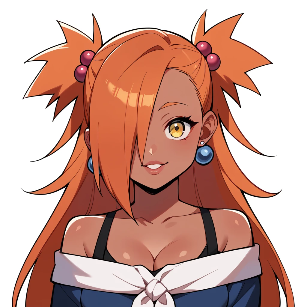 score_9, score_8_up, score_7_up, score_6_up, score_5_up, score_4_up, source_anime, rating_safe, BREAK chouchou akimichi,1girl,dark-skinned female,orange hair,hair over one eye,two side up,long hair,yellow eyes,hair bobbles,jewelry,earrings,big breats,cleavage,dark blue kimono,stand up