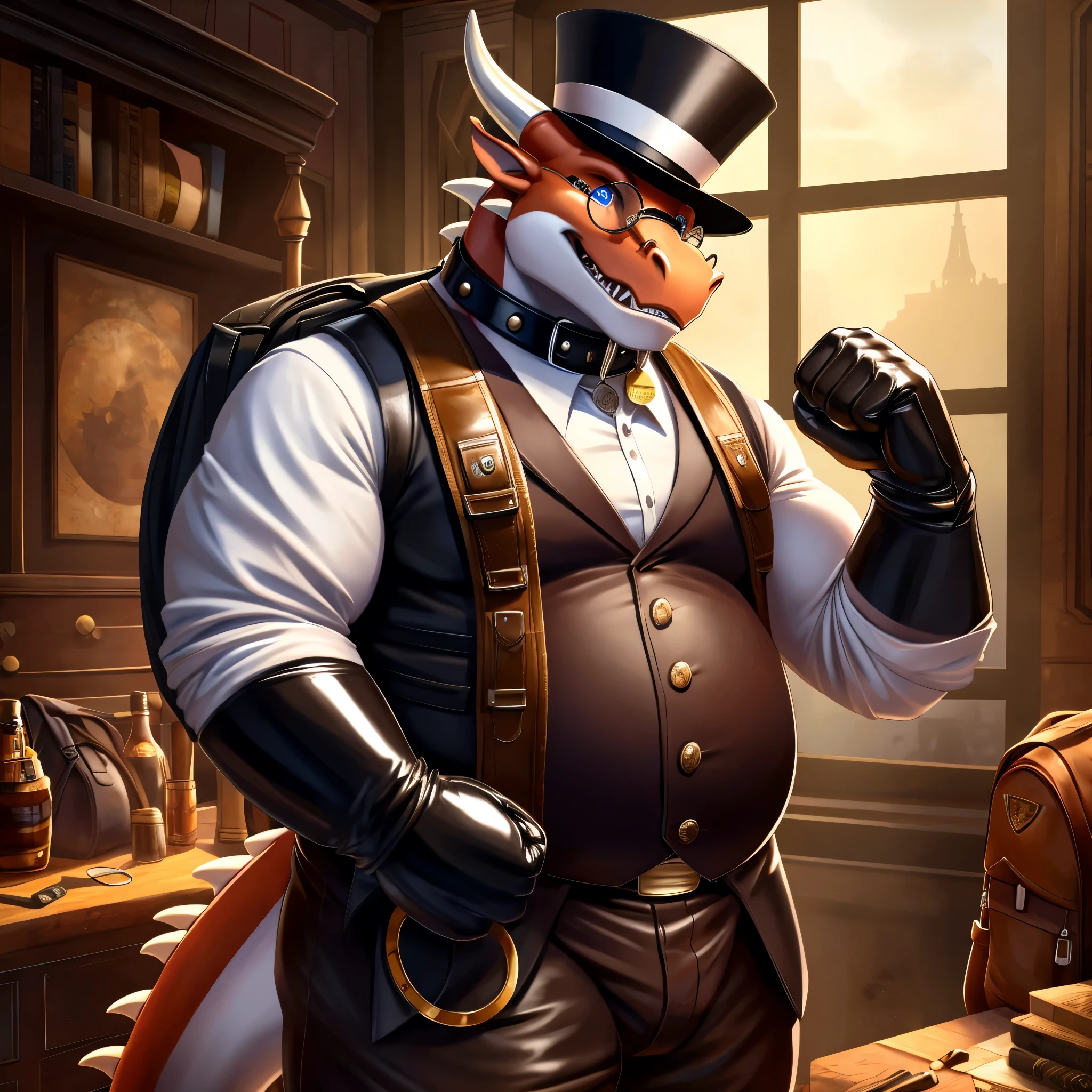 Solo, Male, fat, extremely obese, gentleman, dapper Professor Dragon, blue eyes, (posing:1.3), (soft shading), 4k, hi res, ((detailed face, detailed)), looking at viewer, mouth wide open, steampunk, collared shirt with buttons, top hat, male focus, Explorer Outfit, glasses, monocle, bag, vest with buttons, backpack, sleeves rolled up, round eyewear, brown headwear, brown vest, Dragon is wearing a glossy leather dog collar around the neck, Dragon is wearing the leather collar and shirt and vest at the same time, Dragon is wearing glossy white rubber gloves on the hands, wearing white rubber gloves on the feet, gloves are rubber in texture, clenching teeth, clenching fists, leather collar is glossy and shiny with a lot of detail, Dragon is wearing gloves and leather collar at the same time, leather collar has a round dog-tag, leather collar is thick and detailed.