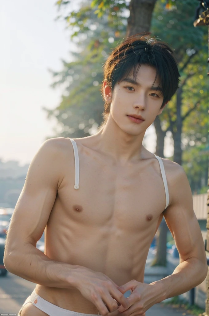 ultra high resolution,tmasterpiece, (Realism:1.4, RAW photos, ASİAN, china boy, Bust photo, 1 boy, In the darkness of the night,Depth shadows,low pitch,cold light,Incredibly handsome,the detail, 18yr old,Emotionally rich,The face is clear, topless, muscle, wear white jockstrap underwaer, (jockstrap), thong,Male focus, Sky, outdoor, sky, Practical, Whole body, show abs, facelight,rays of sunshine,street in the afternoon,Colored bubbles proofreading