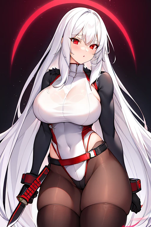 1girl, white hair, long hair, red eyes, serious, glowing eyes, large breasts, thick thighs, mature female, athletic female, toned, leotard, black leotard, thighhighs, belt, knife, knifes, pantyhose, ((belt)), black pantyhose, fur trim, fur, ((fur trim))
