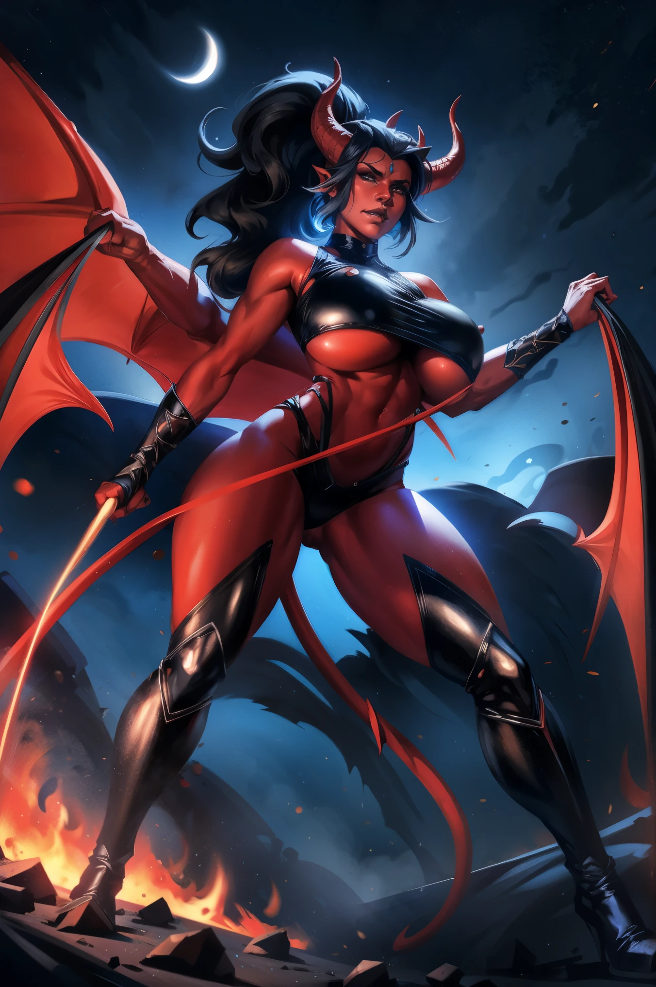 Red skin succubus tiefling, digitigrade legs, full breasts, medium breasts, black horns, wings, huge tail, black leather, crop top, long flowing pelvic curtain, tall, toned, graceful, thin, long black ponytail. Action scene, whip. Dark scene, explosions, night sky.