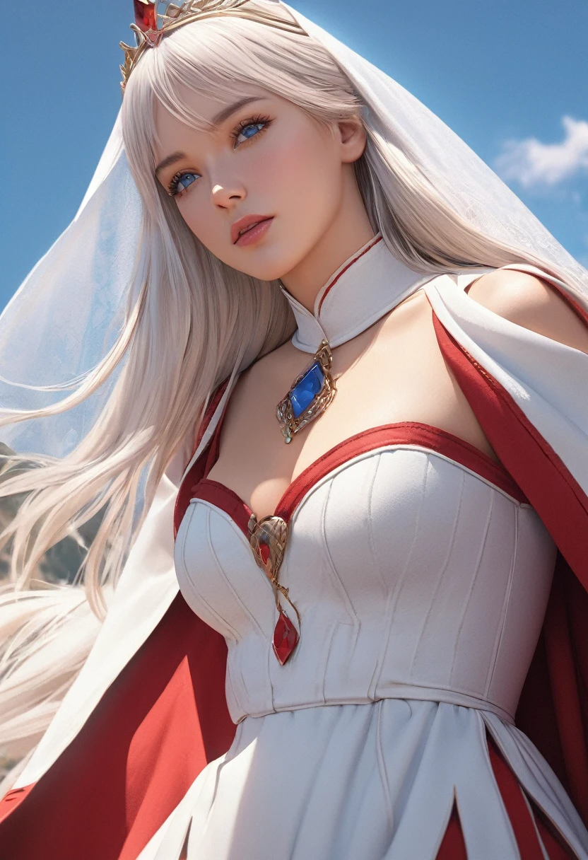 (best quality,4k,8k,highres,masterpiece:1.2), ultra-detailed, (realistic,photorealistic,photo-realistic:1.37),((Highly detailed CG Unity 8k wallpaper)), masterpiece, Super detailed, floating, High resolution, Sexually suggestive, (small, Extremely long white hair, Princess, White Mage, blue eyes, (It has long, wide sleeves and intricate embroidery. A gorgeous layered long dress in white and red with a sheer look), Bridal Veil, Circlet, Bridal Gauntlet, Blushing, shy, arched back, Frilled petticoat, Glamorous corset,