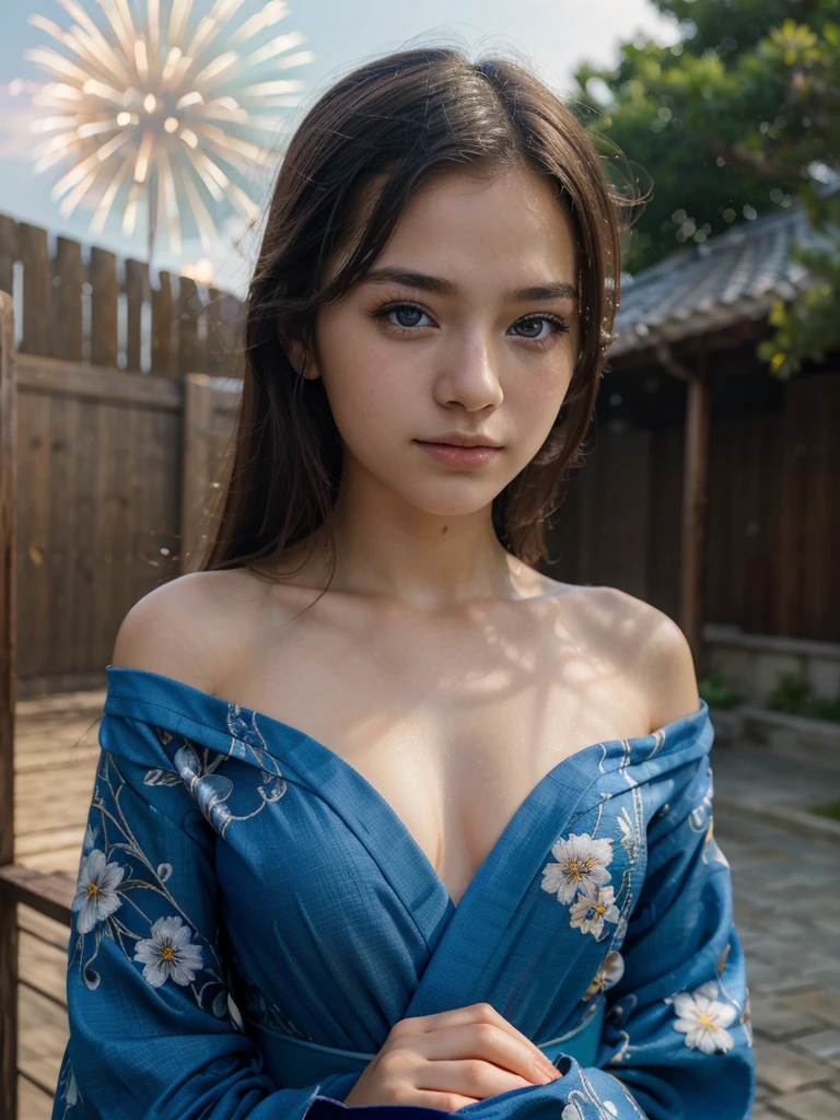 ((masterpiece, top quality, super definition, high definition)), solo, beautiful girl, shining eyes, perfect eyes, , blue theme, yukata, fireworks