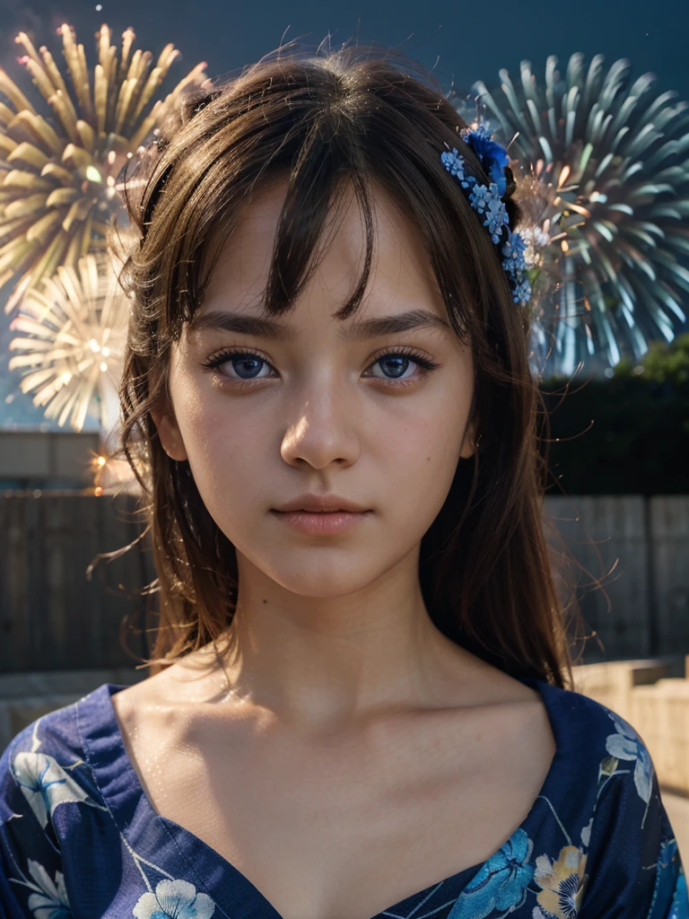((masterpiece, top quality, super definition, high definition)), solo, beautiful girl, shining eyes, perfect eyes, 16 years old, blue theme, yukata, fireworks