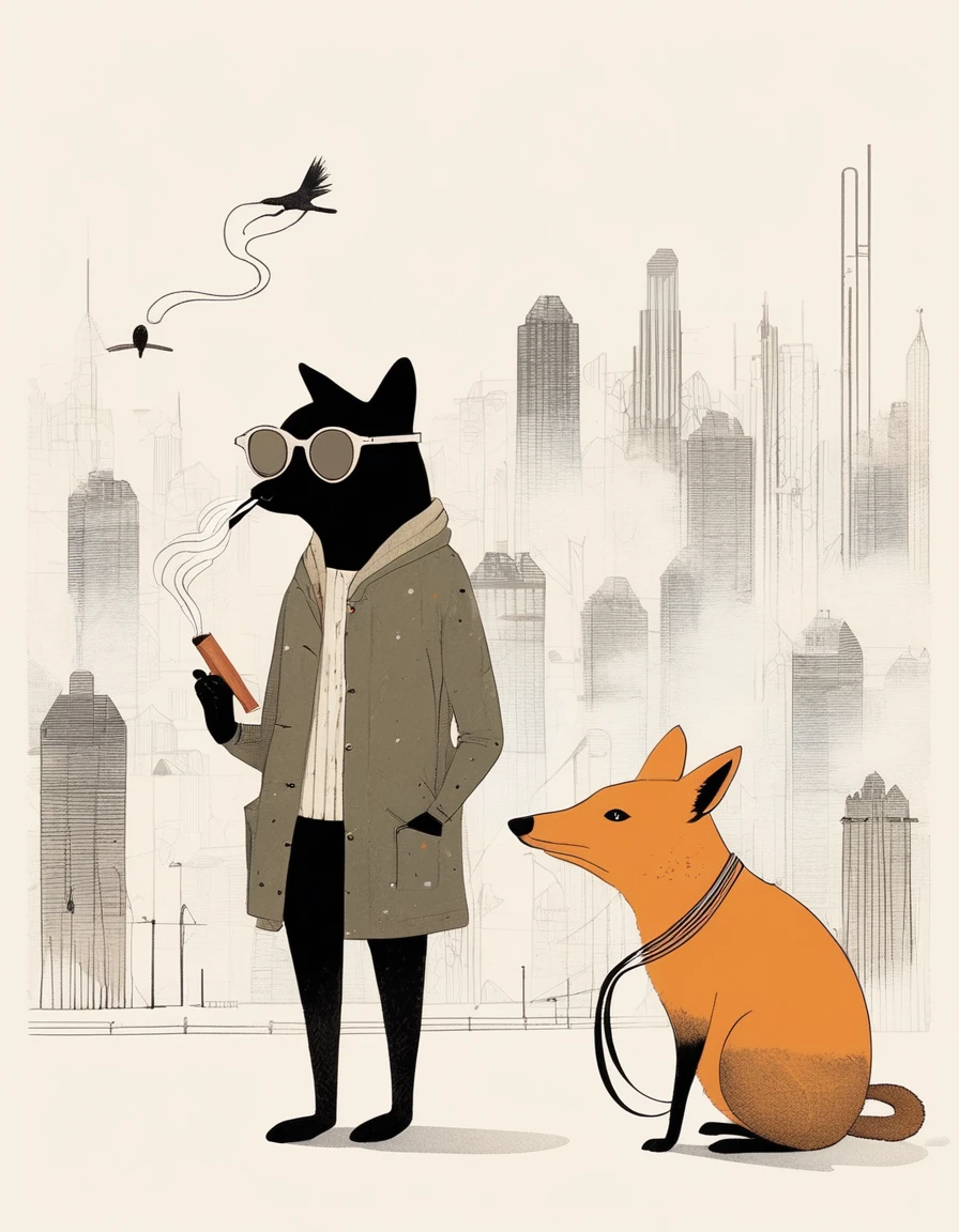 animal-like , sweet,very cute,art by Sophie Roach , art by Jon Klassen , art by Michael Cho , art by Sophie Roach、sunglasses,campimg,smoking,city