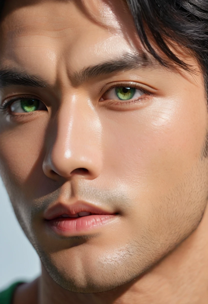 (lifelike, high quality: 1.3), best quality masterpiece, photorealistic, hyperrealistic, highres, high resolution, detailed, 8k, HDR, (Soft color: 
1.2), shallow depth of field, broad light, high contrast, backlighting, bloom, good lighting quality, light sparkles, chromatic aberration, sharp focus, RAW color photo, fine skin, ((detailed facial features)), complex: 1.2, (finely detailed skin, realistic skin texture, extreme skin details, (pores: 0.1), athletic, very handsome, alluring green eyes, black hair, black locks, japanese, manly, abs, 1.85 cm tall, handsome asian, good looking japanese, distinct face, tanned skin, tanned