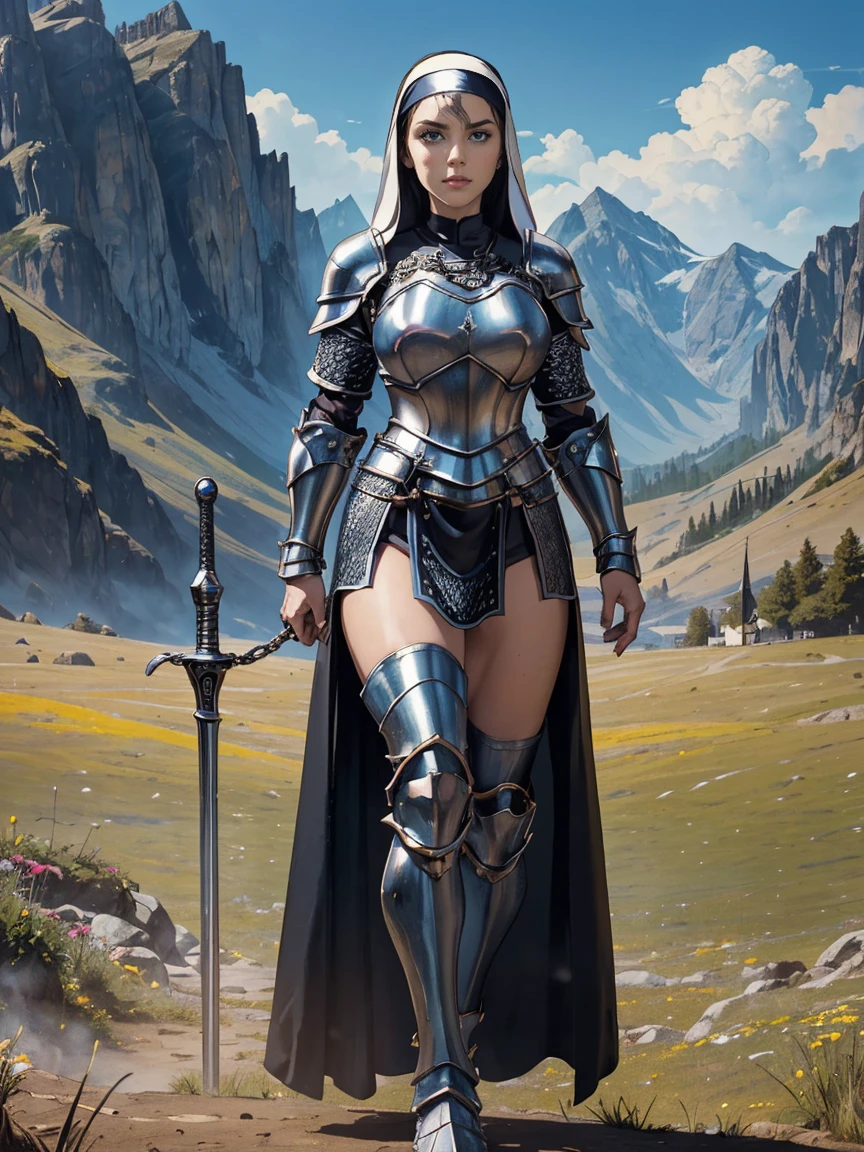 (masterpiece, top quality, best quality, official art, beautiful and aesthetic:1.2), (1girl:1.3), ((Sharp facial features, sharp features, hawkish features)), ((blue eyes)), busty paladin knight girl, extremely detailed, portrait, looking at viewer, solo, (full body:0.6), detailed background, full-body shot, (warm mountain meadow theme:1.1), holy knight, (nun), charlatan, smirk, mysterious, swaying in mountains, armor, polished metal, gold trim, long boots, white fabric, pelvic curtain, robe, pale leather, ((((nun, holy aura, corona, mace, heavy armor, armored, long legs, pelvic curtain, toned, muscular, chainmail)))), slim waist, slim hips, long legs, medieval (mountain exterior:1.1) background, dark mysterious lighting, shadows, magical atmosphere, dutch angle