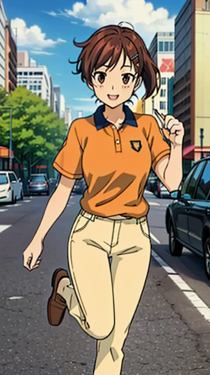 haru1,1girl, (masterpiece, best quality:1.2), Orange polo shirt, Yellow pants Masterpiece, best quality,bangs, brown hair, hair ornament, brown eyes,hairclip, Smiling, (City:1.3), Brown Shoes, Full body,