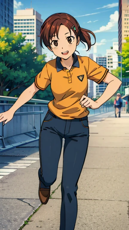 haru1,1girl, (masterpiece, best quality:1.2), Orange polo shirt, Yellow pants Masterpiece, best quality,bangs, brown hair, hair ornament, brown eyes,hairclip, Smiling, (City:1.3), Brown Shoes, Full body,