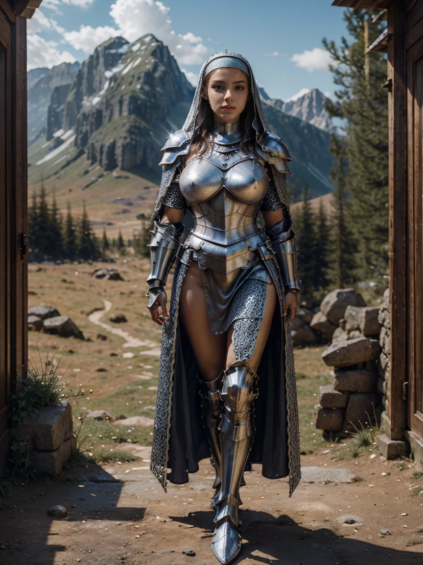 (masterpiece, top quality, best quality, official art, beautiful and aesthetic:1.2), (1girl:1.3), ((Sharp facial features, sharp features, hawkish features)), ((blue eyes)), busty paladin knight girl, extremely detailed, portrait, looking at viewer, solo, (full body:0.6), detailed background, full-body shot, (warm mountain meadow theme:1.1), holy knight, (nun), charlatan, smirk, mysterious, swaying in mountains, armor, polished metal, gold trim, long boots, white fabric, pelvic curtain, robe, pale leather, ((((nun, holy aura, corona, mace, heavy armor, armored, long legs, pelvic curtain, toned, muscular, chainmail)))), slim waist, slim hips, long legs, medieval (mountain exterior:1.1) background, dark mysterious lighting, shadows, magical atmosphere, dutch angle