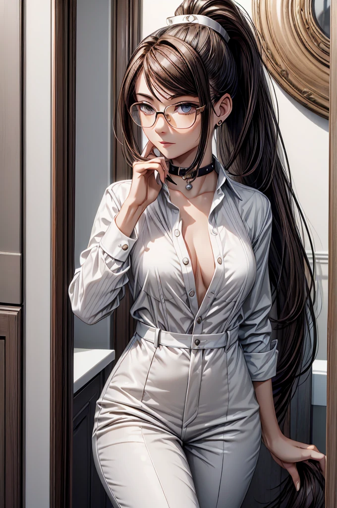 (masterpiece, best quality:1.2), detailed face, detailed eyes, elegant woman, long hair, high heeled, shiny skin, welcomes you at the door, dress shirt, pants, random collar, ponytail hair, cool attitude, cool glasses, exciting, cool, (perfect hands:1)