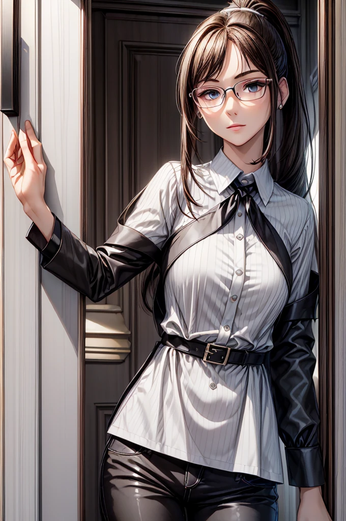 (masterpiece, best quality:1.2), detailed face, detailed eyes, elegant woman, long hair, high heeled, shiny skin, welcomes you at the door, dress shirt, pants, random collar, ponytail hair, cool attitude, cool glasses, exciting, cool, (perfect hands:1)
